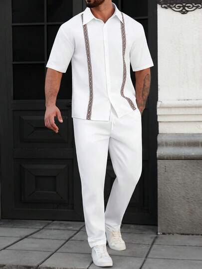 Manfinity CasualCool Men's Casual Short Sleeve Shirt & Pants Set, Summer Men's Short Sleeve Dress Shirts Men's Lace Shirt White Laced Men's Shirt Old Money,Daily Leisure, Weekend Trips, Outdoor Activities, Travel Expeditions, Relaxed Work Environments Or Semi-Formal Occasions, Boyfriend/Husband Gift, Anniversary /Birthday Gift Party Summer Vacation Holiday New Years Wedding Valentine's Day Men White 2 Pieces Outfit Men's Co Ord Set Men White Outfits White African Suit Men Africa Shirt And Pants Suit Outfit