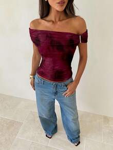 Aloruh Elegant Wine Red Textured Tie-Dye Print Irregular Shoulder Knit T-Shirt, Back To School Top, Wine Red Blouse - White - View 6