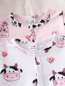 Newborn Cute Animal Cartoon Theme Pink Khaki Cow Heart Pattern Long Sleeve Footed Romper Set - Baby Pink - View 6