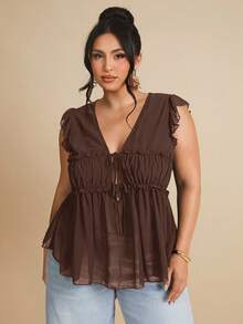 SHEIN BAE 1 chiếc áo nữ cỡ lớn không tay bằng vải lanh, kiểu dáng thường ngày, có cúc trang trí, thích hợp cho bữa ăn trưa, đi chơi, hẹn hò, đi làm, đi du thuyền. - Cà phê nâu - Xem 4