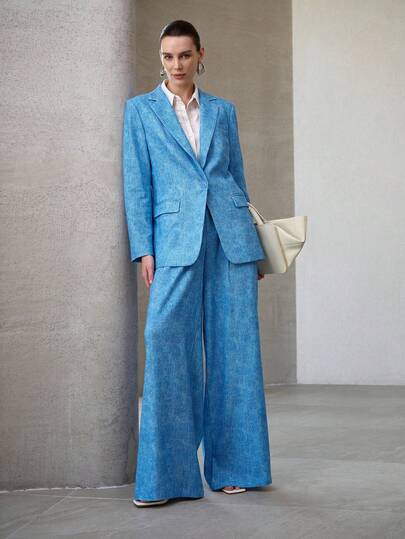 MOTF PREMIUM BLAZER DE MANGA LARGA CON EFECTO VAQUERO ESTAMPADO, DE LINO SUELTO PARA MUJER, PRIMAVERA/VERANO