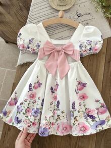 LMoss Kids 少女碎花泡泡袖方领雪纺连衣裙 - 彩色 - 查看 4