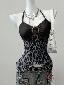 SHEIN EZwear Women's Fashionable Leopard Print Mesh Halter Top - Multicolor - View 4