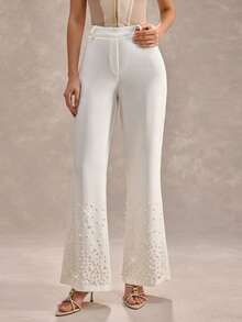 CLARA VERO White Pearl Embellished Wide Leg Pants: Fitted At The Hip And Flared Leg, Ideal For Special Occasions Or Parties, Crafted From Non-Elastic Polyester Fabric With Concealed Side Zip And Elegant Pearl Details Along The Hem - White - View 4