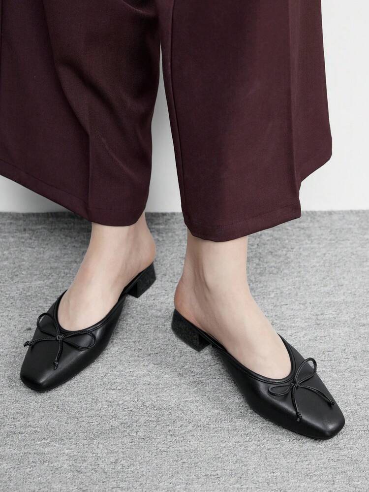 CUCCOO BIZCHIC Women Shoes Thick Heel Bow Pure Black Word With Closed Toe Half Sandals, Easy Commute Casual Mule Shoes