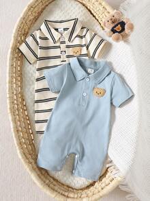 SHEIN Infant Short Sleeve Striped Romper With Polo Neck And Sweet Bear Patch For Everyday Play Casual, Cute And Casual Color-Blocked Striped Collared Button-Down Short-Sleeved Printed Romper For Infants And Toddlers. Available In Light Blue Solid Color And Black And White Striped Knit Fabric, This Two-Piece Set Is Perfect For Everyday Wear And Vacations.2-Piece Newborn Baby Boy Cute Simple Striped Print Ruffled Hem Crew Neck Short Sleeve Top And Pants Knit Set. Elegant Party Dresses. - Blue - View 3