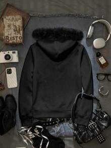 SHEIN EZwear 灰色哥特风女式水钻仿毛皮连帽卫衣，拉链卫衣，灰色卫衣，女式卫衣，B2 - 黑色 - 查看 2