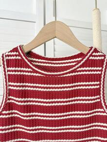 SHEIN Tween Girls Burgundy Striped Knit Tank Top Co-Ords Set Cute Round Neck Tank With Shorts 2pcs Summer Outfit - Burgundy - View 4