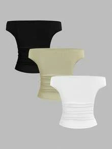 Sweetra Set de 3 camisetas casuales y cómodas de ajuste ceñido con diseño moderno de hombros descubiertos para mujer, para primavera/verano - Multicolor - Ver 2