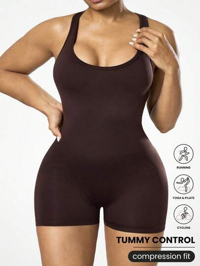 Rhythm Era Women's Seamless Plus Size Brown Criss-Cross Strap Yoga Shorts Jumpsuit, Suitable For Workout, Outdoor And Daily Wear