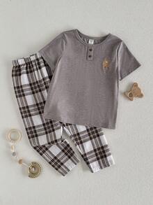 THE HAPPY LOOK 2pcs/Set Young Girl Cartoon Bear Pattern Knit Soft Round Neck Short Sleeve Top And Plaid Pants - Multicolor - View 1