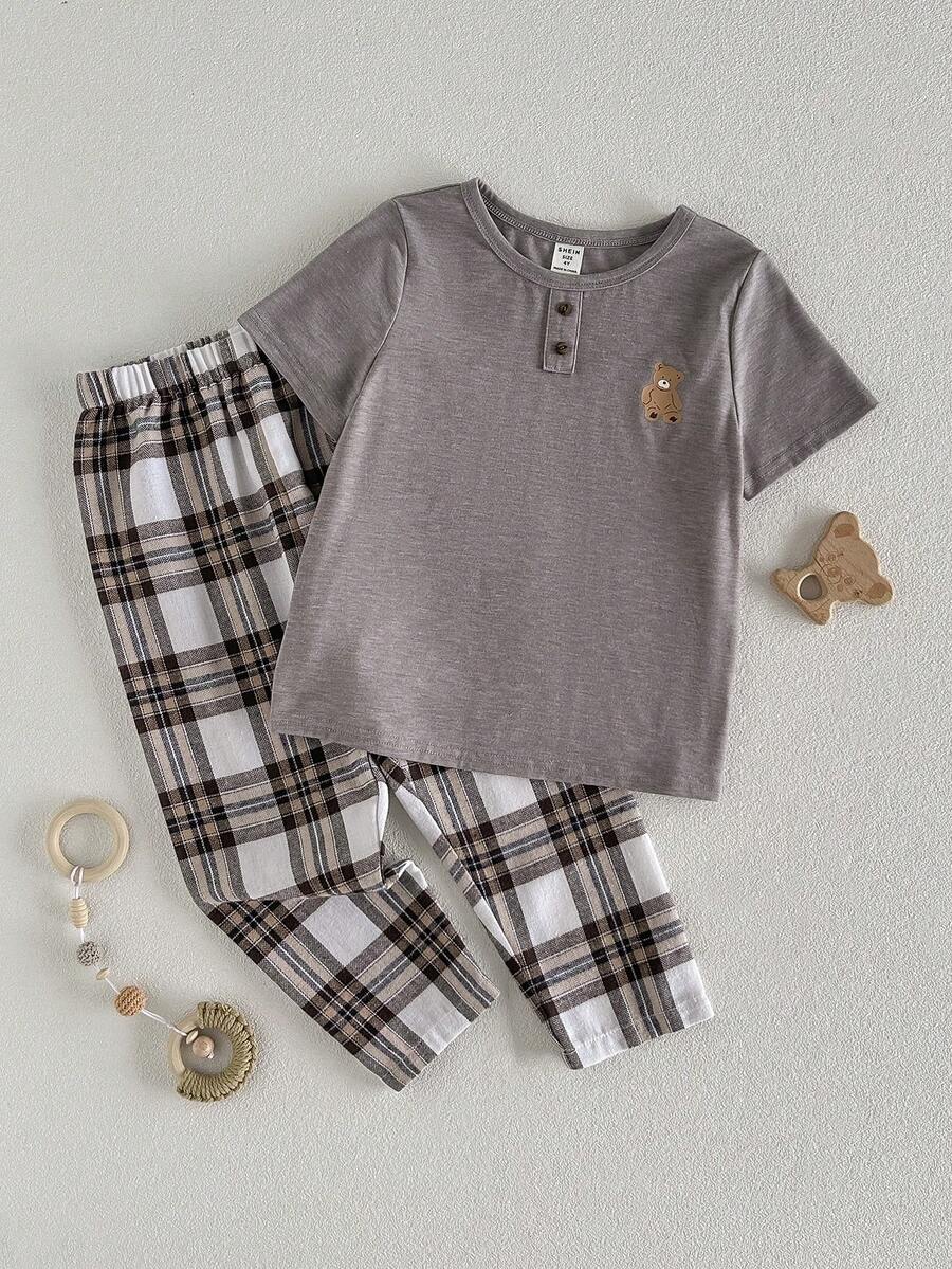 THE HAPPY LOOK 2pcs/Set Young Girl Cartoon Bear Pattern Knit Soft Round Neck Short Sleeve Top And Plaid Pants - Multicolor - View 1