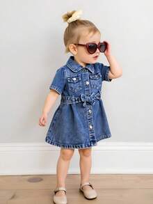 Elladie kids Baby Girl Blue Denim Dress,Summer Casual School Back-To-School A-Line Sleeveless Denim Dress With Adjustable Waist Belt,Soft For Daily Wear Vacation - Medium Wash - View 4