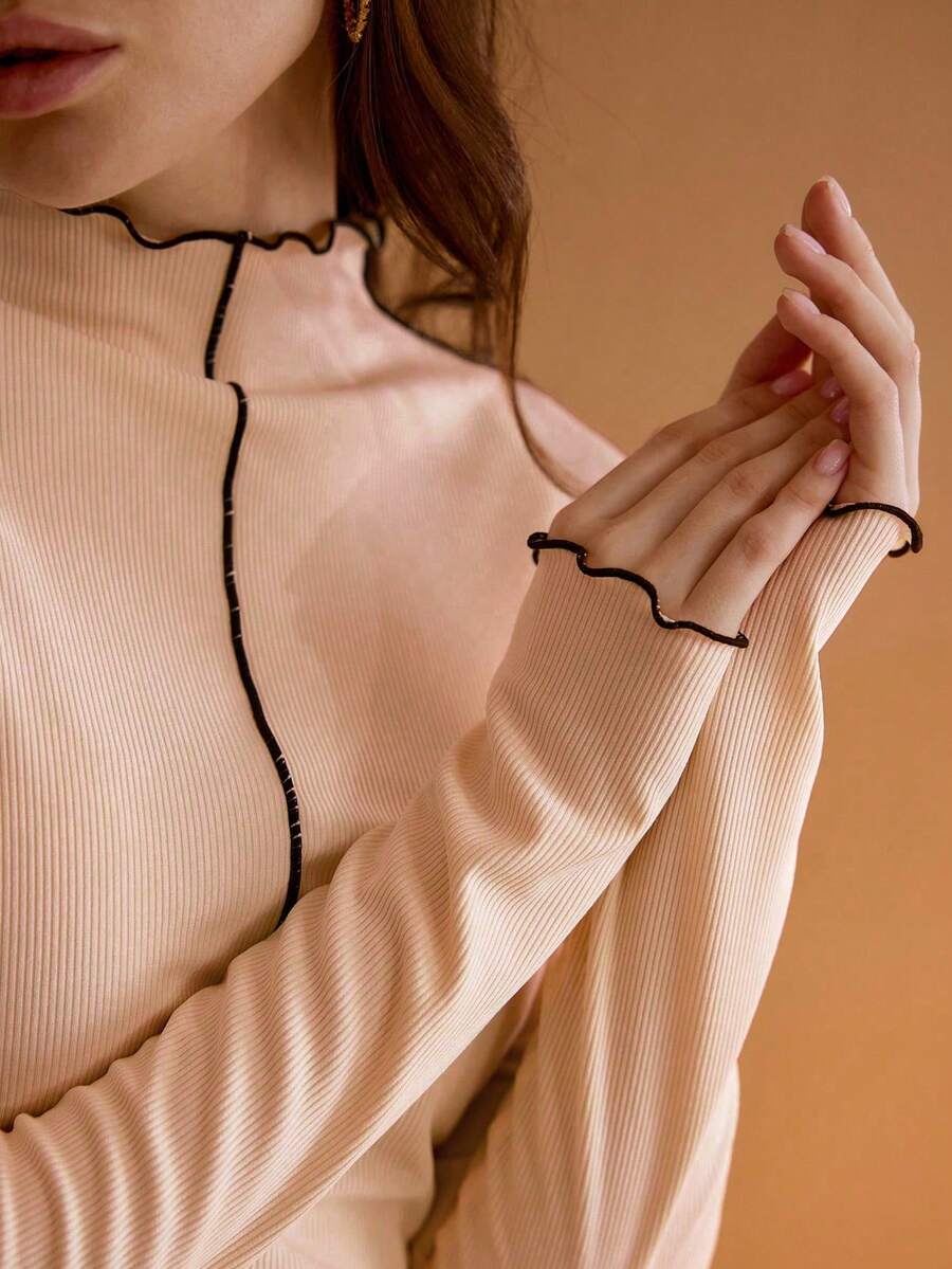 MOTF PREMIUM AUTUMN/WINTER CONTRAST LETTUCE TRIM MOCK NECK FITTED STYLISH ELEGANT WOMEN T-SHIRT - Pink - View 1