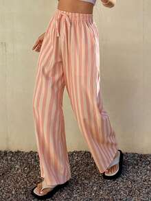 DAZY Women Striped Loose Waist Tie Pajama Pants - Pink - View 8