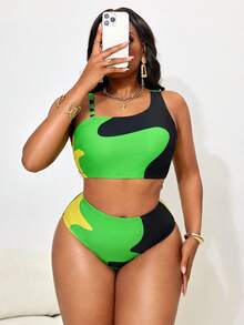 Slaydiva Plus Size Women 2pcs Printed One Shoulder Triangle Bikini Swimwear Set - Multicolor - View 3