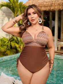 Swim Lushoire Plus Size Women's Sexy Deep V-Neck Ruched Waist Slimming One-Piece Swimsuit, For Pool & Beach - Multicolor - View 4