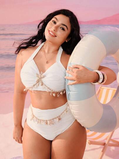 Swim Mod Plus Size Women Special Fabric Halter Neck Shell Decor Stylish Swimsuit Set With Matching Cheeky Bottoms, Beach Party
