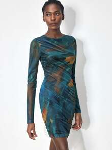 Maija Women's Round Neck Mini Dress, Featuring Fashionable And Versatile Tie-Dye Pattern, Ruched Design Accentuates Body Curves, Showcasing Sexy And Elegant Charm. Long Sleeve Slim Fit, Suitable For Commuting, Business, Casual, Beach, Vacation, Music Festival, Valentine's Day And Summer Occasions, Easily Switch Between Different Styles, Exuding Feminine Confidence And Unique Taste. - Multicolor - View 4