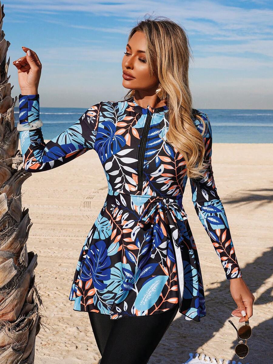 Swim Mulvari Women's 2-Piece Swimsuit Set, Random Leaf Print Tie-Front Long Sleeve Dress & Black Pants, Middle Eastern Style Beach Wear - Multicolor - View 1