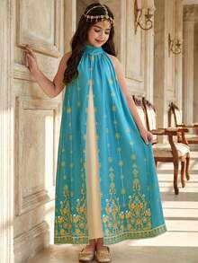 Tween Girl Loose Elegant Small Stand Collar Sleeveless Pattern Patchwork Solid Color Long Dress Tween Girl - Green - View 7