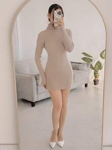 Andrea Bello High Neck Long Sleeve Fitted Rib Knit Mini Sweater Dress Classy Sexy Streetwear Fall Autumn Night Out Winter Christmas Party Evening Party Elegant New Year Thanksgiving - Light Grey - View 1