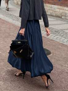 Serisse Falda casual de diseño minimalista de unicolor para mujer, verano - Azul Marino - Ver 2