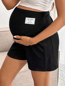 SHEIN 孕妇字母图案松紧腰宽松休闲短裤 - 黑色 - 查看 4