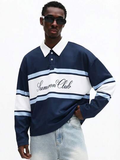 SUMWON Camisas polo para hombres, camisa casual a rayas azul oscuro, pieza esencial para vacaciones, diseño único, estilo INS, fácil de combinar con diversos looks. Tela cómoda y diseño elegante, adecuado para varias ocasiones