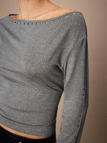 Maija 女士时尚通勤水钻不对称领衬衫 - 灰色 - 查看 7