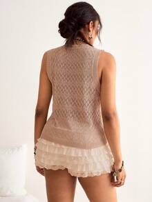 Freevana Plus Size Women Contrast Lace Hollow Out Design Fashionable Knitted Vest Comfortable Knit Top Panel Openwork Casual Outing Vacation Beach Summer Pink - Apricot - View 4