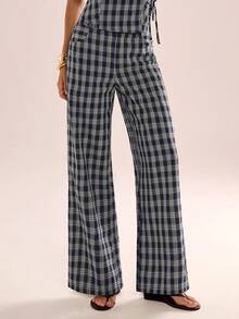 Avenya 2pcs, Fashion Sexy Plaid Open-Neck V-Neck Waist Design Vest & Straight Leg Pants Set, Spring Summer, Stylish Street Wear, Beach Vacation, Italian Holiday, Going Out, Cruise, Brunch, Office, Teacher Outfits, Three-Dimensional Cutting Style, Office Siren, Sexy Goddess, Spicy Girl Style, Y2K, Homecoming, Summer&Autumn, Elegant, Carnival, Vacation, Party, Valentine's Day, Carnival,  Beach, Elegant - Multicolor - View 4