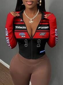 Slaydiva 简约休闲女式秋冬弹力T恤，高领拉链设计，紧身长袖，适合摩托车骑行女性 - 彩色 - 查看 4