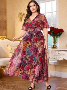 Modelyn New Luxury Elegant Loose V-Neck Short Sleeve Dress - Hot Pink - View 5