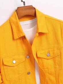 Manfinity Roughcore Men's Solid Color Frayed Hem Long Sleeve Front Button Denim Jacket Designer Jacket - Yellow - View 7