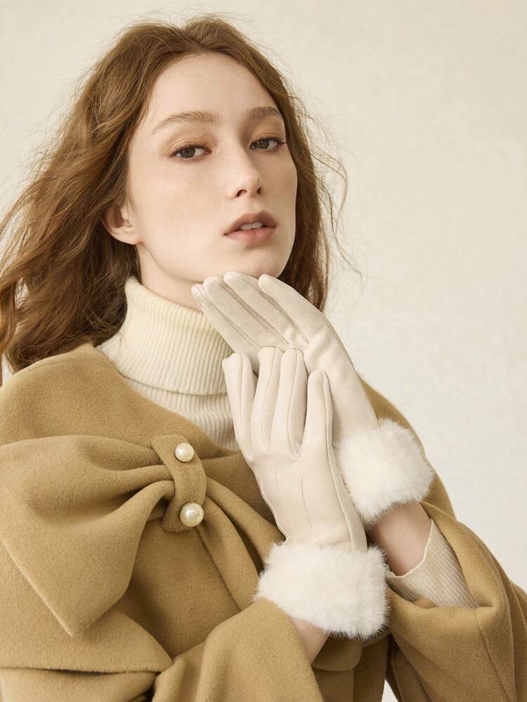 KHAKI THICKENED WARM FIVE-FINGER LEATHER GLOVES, AUTUMN/WINTER