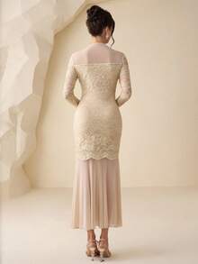 Modelyn 女士网纱撞色蕾丝长袖修身鱼尾连衣裙 - 杏色 - 查看 2