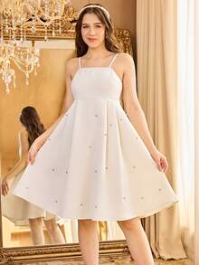 Teen Girl Rhinestone Decor Camisole Dress And Short Sleeve Jacket Elegant Set - Apricot - View 3