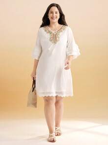Momelise Vestido casual de vacaciones de primavera/verano para mujer con parches de unicolor, cuello de encaje con flecos y dobladillo con volantes, talla grande - Multicolor - Ver 4