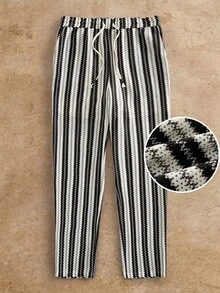 HIMLAND 男士沙滩度假休闲条纹抽绳裤 - 黑與白 - 查看 3