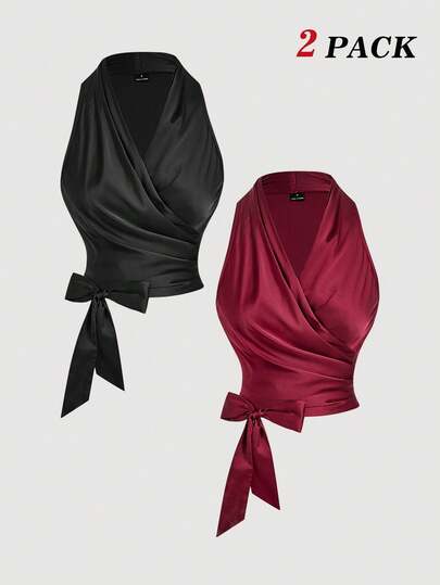 SHEIN MOD 2 piezas Camiseta sin mangas de unicolor con lazo decorativo y pliegues elegantes para mujer