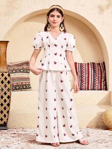 SHEIN Tween Girls Floral 2 Pieces Set, Casual Vacation Outfit For Party, Festival - White - View 6