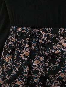 SHEIN Clasi 女士优雅碎花泡泡袖系腰中长连衣裙，修身碎花连衣裙适合日常通勤和多种场合 - 彩色 - 查看 8