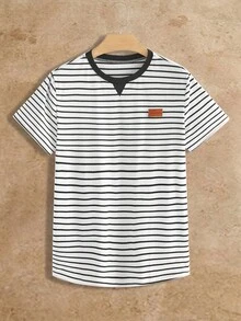 HIMLAND 男士休闲条纹印花圆领短袖T恤，适合外出穿着，也可作为送给老公/男友的礼物。简约时尚通勤短袖T恤，男士条纹T恤，男士夏季上衣，水手衫，男士T恤，男士夏季服装。 - 黑色 - 查看 3