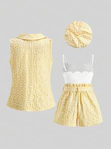 SHEIN Bộ đồ liền thân 2 mảnh cho bé gái tuổi teen, gồm áo khoác cardigan và áo hai dây dệt kim, kèm mũ, thích hợp cho mùa tựu trường. - Màu vàng - Xem 4