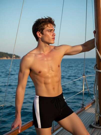 Manfinity Swimmode กางเกงว่ายน้ำขาสั้นผู้ชาย, กางเกงว่ายน้ำชายหาดฤดูร้อนสีตัดกันแบบลำลองมีเชือกรูด, ชุดว่ายน้ำผู้ชาย, ชุดล่องเรือผู้ชาย, กางเกงว่ายน้ำสีดำผู้ชาย