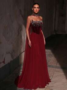 Glamrae 优雅天鹅绒雪纺拼接串珠抹胸式A字长裙（可拆卸吊带），适合约会、婚礼、活动、单身派对、正式场合。 - 酒紅色 - 查看 7