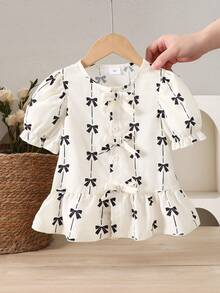 SHEIN Elladie kids 4-7岁女童春夏荷叶边领泡泡袖衬衫，弹力双层纱布面料，蝴蝶印花，蝴蝶结装饰，适合日常穿着、外出、休闲活动 - 白色 - 查看 5