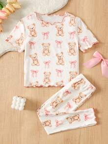 SHEIN Young Girls Cute Cartoon Pattern Ruffle Trim Round Neck Short Sleeve Top And Pants Knit Comfy Fitted Pajama Set, 2pcs - Beige - View 8