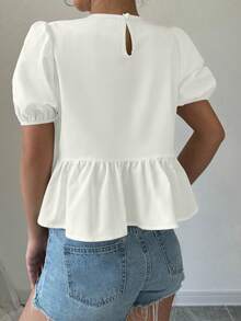 Elenzga Blusa de verano de mujer con cuello redondo, manga corta abullonada, lazo y volante en la Bottom - Blanco - Ver 2